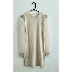 Idem Ditto Cream Sweater Dress Women Size L  Organza Sheer Puff Sleeves Stretch